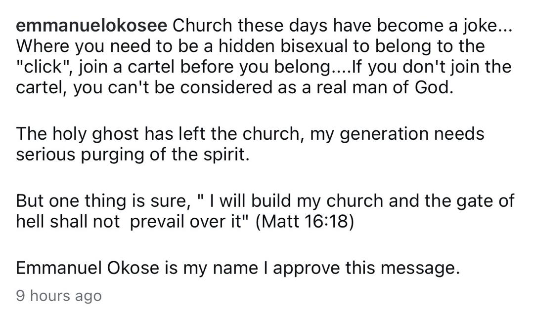 âOne has to be a hidden bisexua@l or join a cartel before you can be considered a real man of Godâ- Nigerian pastor Emmanuel Okose laments